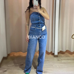 Ολόσωμη φόρμα strapless jean με ζώνη